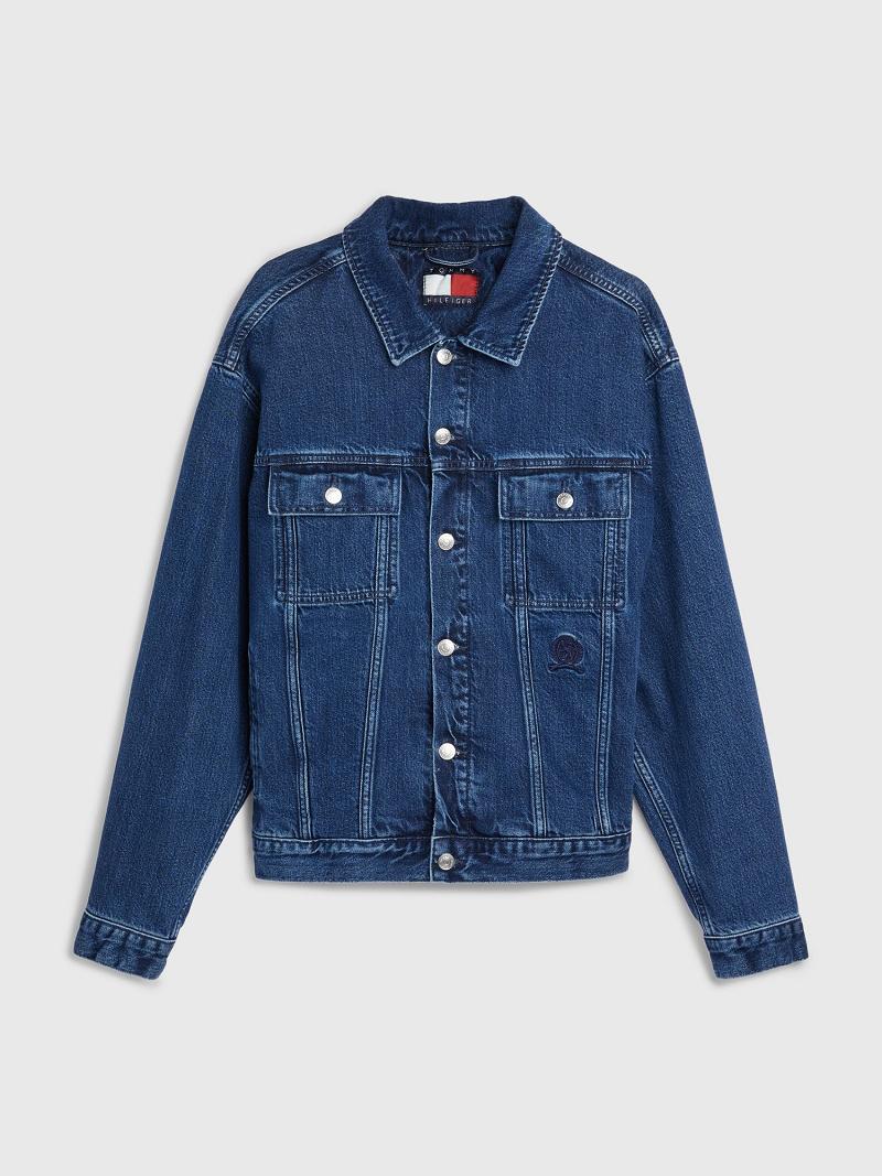 Férfi Tommy Hilfiger Embroidered crest denim Kabát Kék | HU 1181WNB